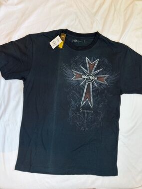 Hard Rock Cafe Black T-Shirt with Red and White Cross Graphic